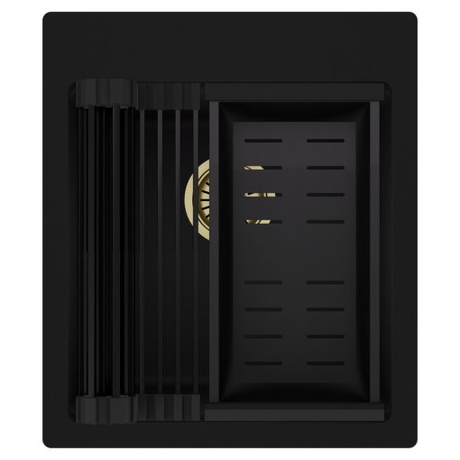 HD Infinity Black 43 egymedencés gránit mosogatótálca szett, matt fekete csepegtetőráccsal és kosárral, matt fekete színben, szálcsiszolt arany leeresztő szifonnal