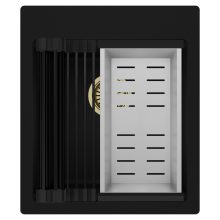 HD Infinity Black 43 egymedencés gránit mosogatótálca szett, matt fekete csepegtetőráccsal és krómozott kosárral, matt fekete színben, szálcsiszolt arany leeresztő szifonnal