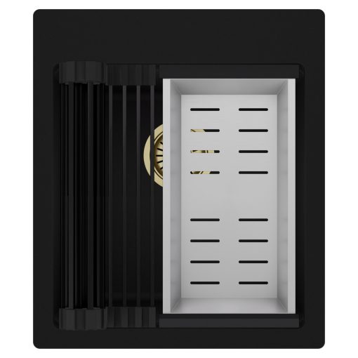 HD Infinity Black 43 egymedencés gránit mosogatótálca szett, matt fekete csepegtetőráccsal és krómozott kosárral, matt fekete színben, szálcsiszolt arany leeresztő szifonnal