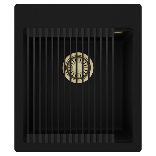 HD Infinity Black 43 egymedencés gránit mosogatótálca szett, matt fekete csepegtetőráccsal, matt fekete színben, szálcsiszolt arany leeresztő szifonnal