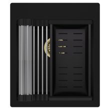 HD Infinity Black 43 egymedencés gránit mosogatótálca szett, acél csepegtetőráccsal és matt fekete kosárral, matt fekete színben, szálcsiszolt arany leeresztő szifonnal