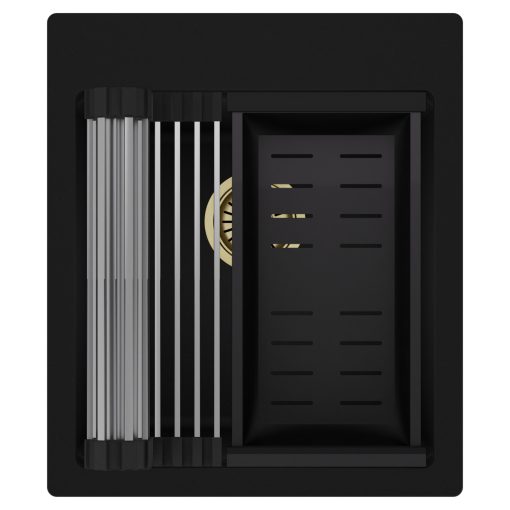 HD Infinity Black 43 egymedencés gránit mosogatótálca szett, acél csepegtetőráccsal és matt fekete kosárral, matt fekete színben, szálcsiszolt arany leeresztő szifonnal