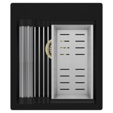 HD Infinity Black 43 egymedencés gránit mosogatótálca szett, acél csepegtetőráccsal és kosárral, matt fekete színben, szálcsiszolt arany leeresztő szifonnal