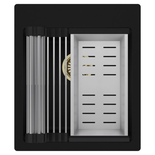 HD Infinity Black 43 egymedencés gránit mosogatótálca szett, acél csepegtetőráccsal és kosárral, matt fekete színben, szálcsiszolt arany leeresztő szifonnal