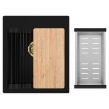 HD Infinity Black 43 egymedencés gránit mosogatótálca szett, vágódeszkával, matt fekete csepegtetőráccsal és krómozott kosárral, matt fekete színben, szálcsiszolt arany leeresztő szifonnal