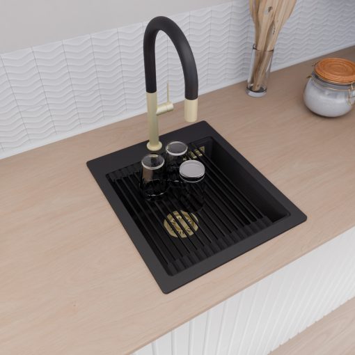 HD Infinity Black 43 egymedencés gránit mosogatótálca szett, vágódeszkával, matt fekete csepegtetőráccsal és krómozott kosárral, matt fekete színben, szálcsiszolt arany leeresztő szifonnal