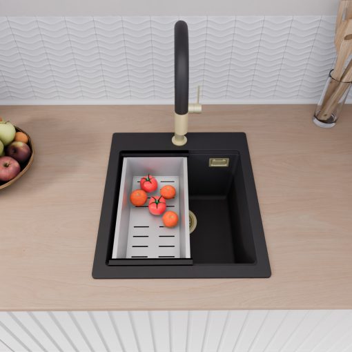 HD Infinity Black 43 egymedencés gránit mosogatótálca szett, vágódeszkával, matt fekete csepegtetőráccsal és krómozott kosárral, matt fekete színben, szálcsiszolt arany leeresztő szifonnal