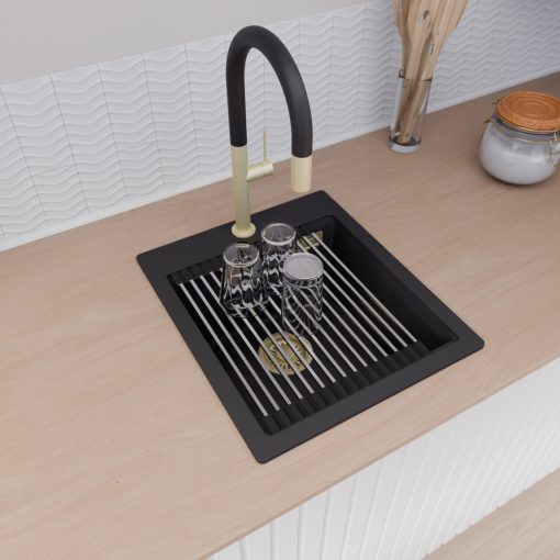 HD Infinity Black 43 egymedencés gránit mosogatótálca szett, vágódeszkával, acél csepegtetőráccsal és matt fekete kosárral, matt fekete színben, szálcsiszolt arany leeresztő szifonnal