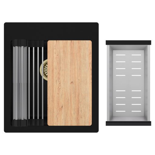 HD Infinity Black 43 egymedencés gránit mosogatótálca szett, vágódeszkával, acél csepegtetőráccsal és kosárral, matt fekete színben, szálcsiszolt arany leeresztő szifonnal