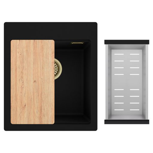 HD Infinity Black 43 egymedencés gránit mosogatótálca szett, vágódeszkával, acél csepegtetőkosárral, matt fekete színben, szálcsiszolt arany leeresztő szifonnal