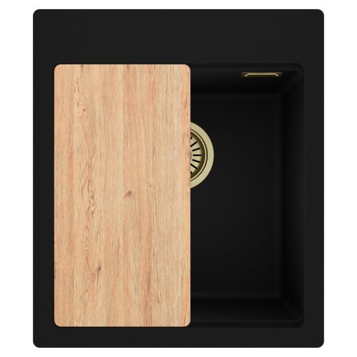 HD Infinity Black 43 egymedencés gránit mosogatótálca, vágódeszkával, matt fekete színben, szálcsiszolt arany leeresztő szifonnal