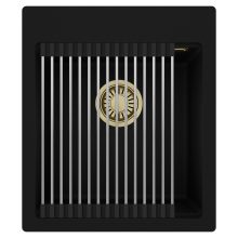 HD Infinity Black 43 egymedencés gránit mosogatótálca szett, acél csepegtetőráccsal, matt fekete színben, szálcsiszolt arany leeresztő szifonnal