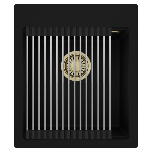 HD Infinity Black 43 egymedencés gránit mosogatótálca szett, acél csepegtetőráccsal, matt fekete színben, szálcsiszolt arany leeresztő szifonnal