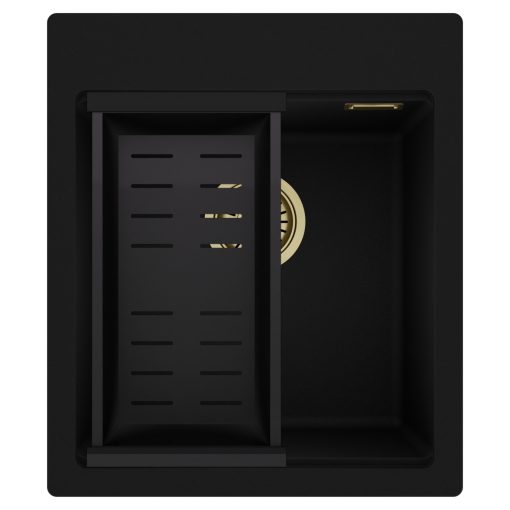 HD Infinity Black 43 egymedencés gránit mosogatótálca szett, matt fekete csepegtetőkosárral, matt fekete színben, szálcsiszolt arany leeresztő szifonnal
