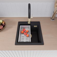 HD Infinity Black 43 egymedencés gránit mosogatótálca szett, acél csepegtetőkosárral, matt fekete színben, szálcsiszolt arany leeresztő szifonnal