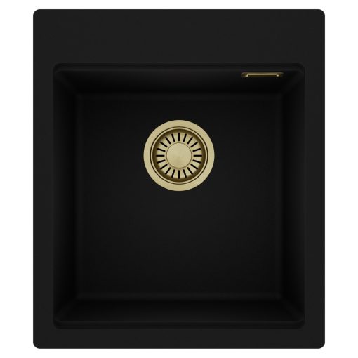 HD Infinity Black 43 egymedencés gránit mosogatótálca, matt fekete színben, szálcsiszolt arany leeresztő szifonnal