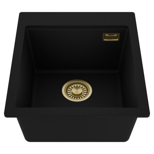 HD Infinity Black 43 egymedencés gránit mosogatótálca, matt fekete színben, szálcsiszolt arany leeresztő szifonnal