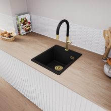 HD Infinity Black 43 egymedencés gránit mosogatótálca, matt fekete színben, szálcsiszolt arany leeresztő szifonnal