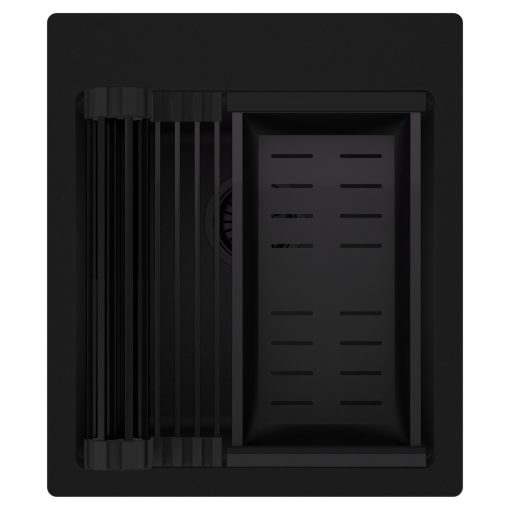 HD Infinity Black 43 egymedencés gránit mosogatótálca szett, matt fekete csepegtetőráccsal és kosárral, matt fekete színben, matt fekete leeresztő szifonnal