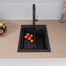 HD Infinity Black 43 egymedencés gránit mosogatótálca szett, matt fekete csepegtetőráccsal és kosárral, matt fekete színben, matt fekete leeresztő szifonnal