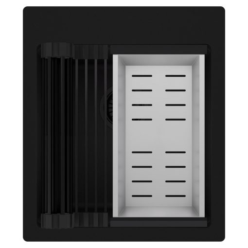 HD Infinity Black 43 egymedencés gránit mosogatótálca szett, matt fekete csepegtetőráccsal és krómozott kosárral, matt fekete színben, matt fekete leeresztő szifonnal