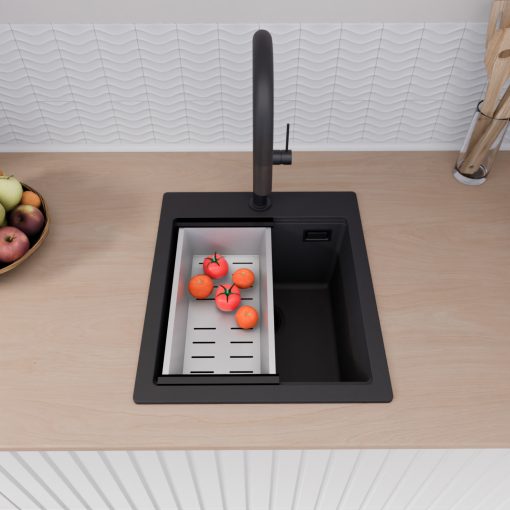 HD Infinity Black 43 egymedencés gránit mosogatótálca szett, matt fekete csepegtetőráccsal és krómozott kosárral, matt fekete színben, matt fekete leeresztő szifonnal