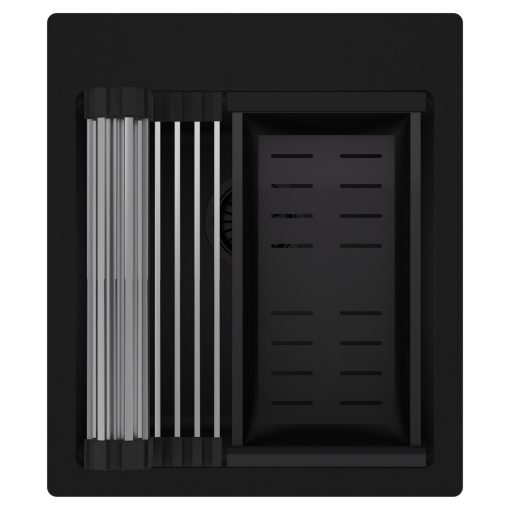 HD Infinity Black 43 egymedencés gránit mosogatótálca szett, acél csepegtetőráccsal és matt fekete kosárral, matt fekete színben, matt fekete leeresztő szifonnal
