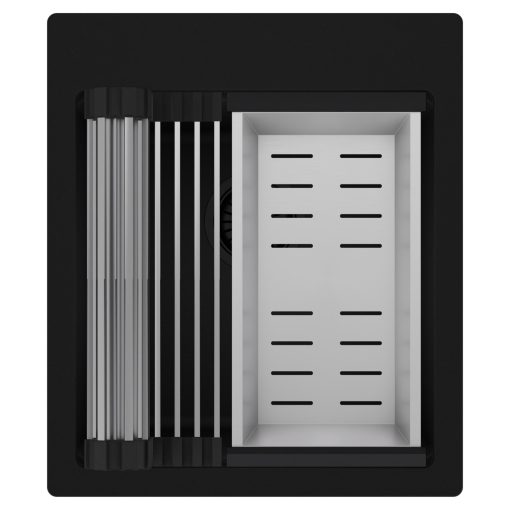 HD Infinity Black 43 egymedencés gránit mosogatótálca szett, acél csepegtetőráccsal és kosárral, matt fekete színben, matt fekete leeresztő szifonnal