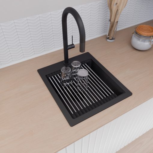 HD Infinity Black 43 egymedencés gránit mosogatótálca szett, acél csepegtetőráccsal és kosárral, matt fekete színben, matt fekete leeresztő szifonnal