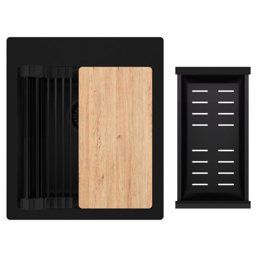 HD Infinity Black 43 egymedencés gránit mosogatótálca szett, vágódeszkával, matt fekete csepegtetőráccsal és kosárral, matt fekete színben, matt fekete leeresztő szifonnal