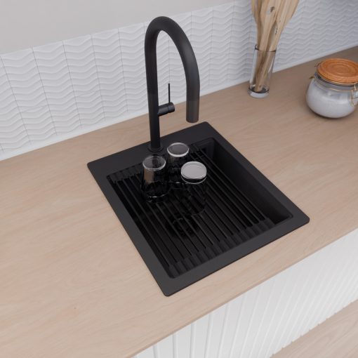 HD Infinity Black 43 egymedencés gránit mosogatótálca szett, vágódeszkával, matt fekete csepegtetőráccsal és kosárral, matt fekete színben, matt fekete leeresztő szifonnal