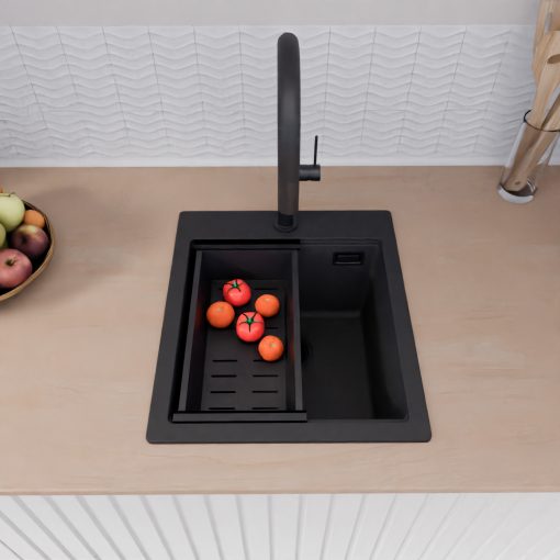 HD Infinity Black 43 egymedencés gránit mosogatótálca szett, vágódeszkával, matt fekete csepegtetőráccsal és kosárral, matt fekete színben, matt fekete leeresztő szifonnal