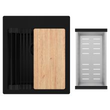 HD Infinity Black 43 egymedencés gránit mosogatótálca szett, vágódeszkával, matt fekete csepegtetőráccsal és krómozott kosárral, matt fekete színben, matt fekete leeresztő szifonnal