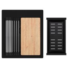 HD Infinity Black 43 egymedencés gránit mosogatótálca szett, vágódeszkával, acél csepegtetőráccsal és matt fekete kosárral, matt fekete színben, matt fekete leeresztő szifonnal