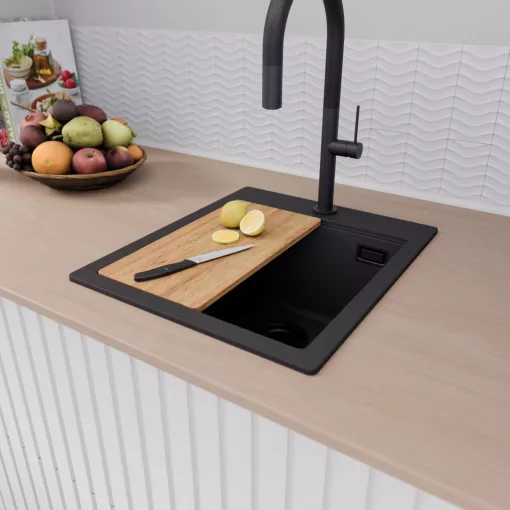 HD Infinity Black 43 egymedencés gránit mosogatótálca szett, vágódeszkával, acél csepegtetőráccsal és kosárral, matt fekete színben, matt fekete leeresztő szifonnal