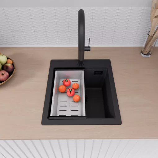 HD Infinity Black 43 egymedencés gránit mosogatótálca szett, vágódeszkával, acél csepegtetőráccsal és kosárral, matt fekete színben, matt fekete leeresztő szifonnal