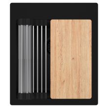 HD Infinity Black 43 egymedencés gránit mosogatótálca szett, vágódeszkával, acél csepegtetőráccsal, matt fekete színben, matt fekete leeresztő szifonnal