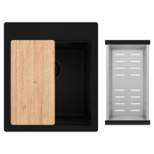 HD Infinity Black 43 egymedencés gránit mosogatótálca szett, vágódeszkával, acél csepegtetőkosárral, matt fekete színben, matt fekete leeresztő szifonnal