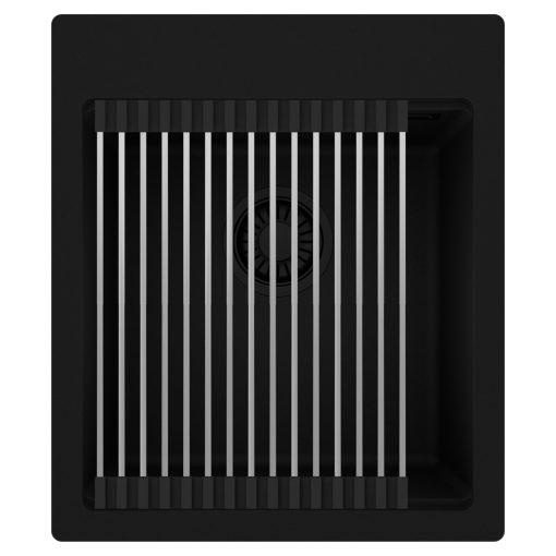 HD Infinity Black 43 egymedencés gránit mosogatótálca szett, acél csepegtetőráccsal, matt fekete színben, matt fekete leeresztő szifonnal