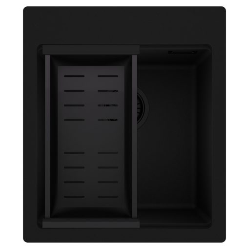 HD Infinity Black 43 egymedencés gránit mosogatótálca szett, matt fekete csepegtetőkosárral, matt fekete színben, matt fekete leeresztő szifonnal