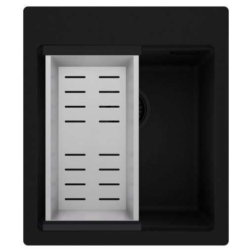 HD Infinity Black 43 egymedencés gránit mosogatótálca szett, acél csepegtetőkosárral, matt fekete színben, matt fekete leeresztő szifonnal