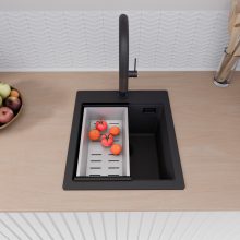 HD Infinity Black 43 egymedencés gránit mosogatótálca szett, acél csepegtetőkosárral, matt fekete színben, matt fekete leeresztő szifonnal