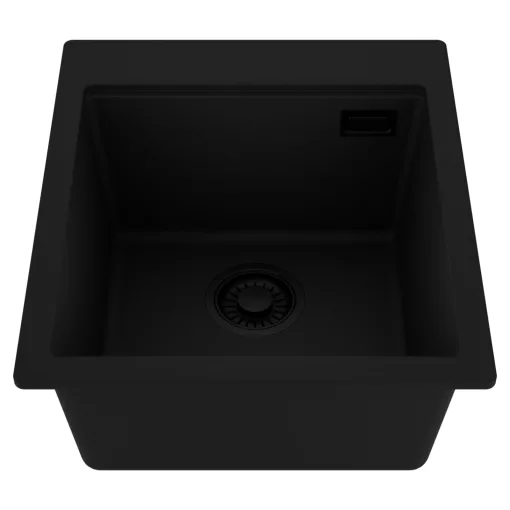 HD Infinity Black 43 egymedencés gránit mosogatótálca, matt fekete színben, matt fekete leeresztő szifonnal