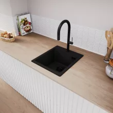 HD Infinity Black 43 egymedencés gránit mosogatótálca, matt fekete színben, matt fekete leeresztő szifonnal