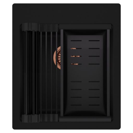 HD Infinity Black 43 egymedencés gránit mosogatótálca szett, matt fekete csepegtetőráccsal és kosárral, matt fekete színben, szálcsiszolt réz leeresztő szifonnal