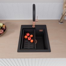 HD Infinity Black 43 egymedencés gránit mosogatótálca szett, matt fekete csepegtetőráccsal és kosárral, matt fekete színben, szálcsiszolt réz leeresztő szifonnal