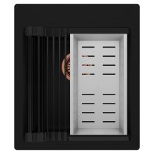 HD Infinity Black 43 egymedencés gránit mosogatótálca szett, matt fekete csepegtetőráccsal és krómozott kosárral, matt fekete színben, szálcsiszolt réz leeresztő szifonnal