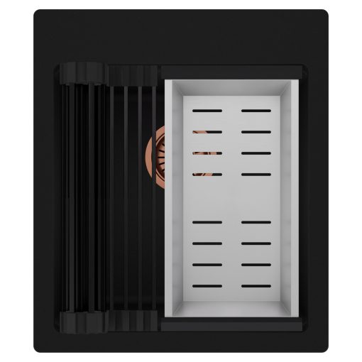 HD Infinity Black 43 egymedencés gránit mosogatótálca szett, matt fekete csepegtetőráccsal és krómozott kosárral, matt fekete színben, szálcsiszolt réz leeresztő szifonnal