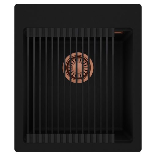HD Infinity Black 43 egymedencés gránit mosogatótálca szett, matt fekete csepegtetőráccsal, matt fekete színben, szálcsiszolt réz leeresztő szifonnal