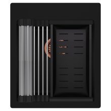 HD Infinity Black 43 egymedencés gránit mosogatótálca szett, acél csepegtetőráccsal és matt fekete kosárral, matt fekete színben, szálcsiszolt réz leeresztő szifonnal